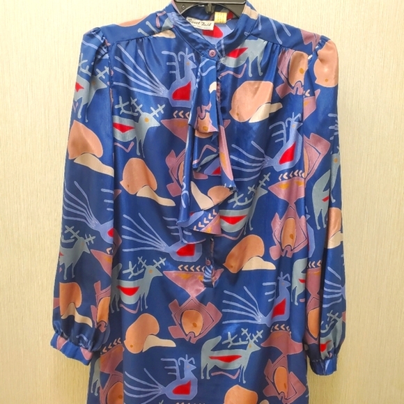 Vintage Art Deco Dress Tribal Print w/ Pockets & Pussybow Neckline - Picture 3 of 16